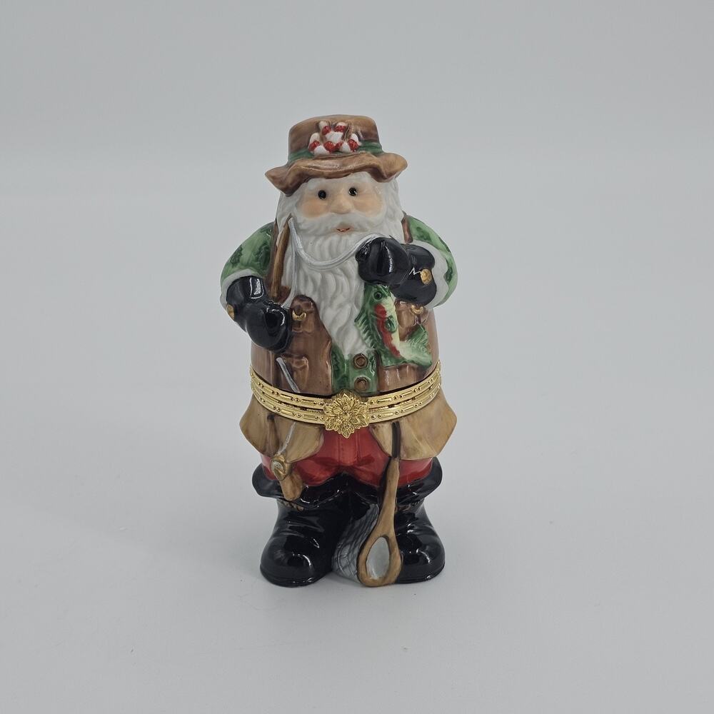 Santa Claus Fisherman Trinket Gift Box Figurine Decor Porcelain Rustic Cabin